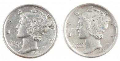 Amerikai Egyesült Államok 1919-1920. 1d Ag "Mercury" (2xklf) T:2,2- USA 1919-1920. Dime Ag...