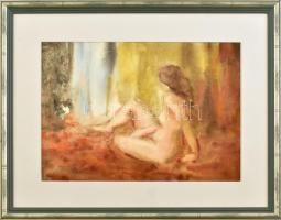 Dobos Lajos (1921-2012): Ülő női akt. Akvarell, papír, jelzett. Üvegezett, dekoratív fakeretben. 23x33 cm.