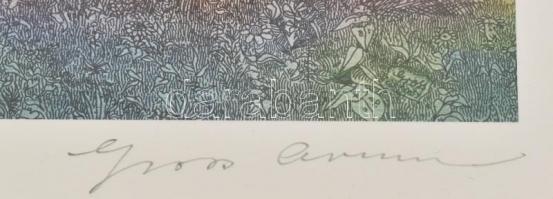 Gross Arnold (1929-2015): Badacsony. "Fakszimile" grafika, papír, jelzett. Üvegezett faker...