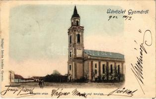 1902 Gyoma (Gyomaendrőd), Városház utca, templom. Szilágyi István kiadása (EK)