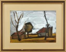 Tábori József (1928-2001): Alföldi tanya. Tempera, papír. Jelzett. Üvegezett, kissé sérült fakeretben, 29x41,5 cm