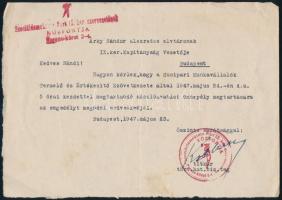 1947 Bp., Árky Nándor alezredesnek címzett engedélykérő levél