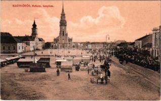1914 Nagykőrös, Református templom, vásár, piac. Geszner Jenő kiadása