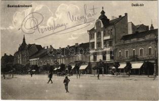 1914 Szatmárnémeti, Satu Mare; Deák tér, Morán János, dohány tőzsde, Huszár Aladár és cipőgyár üzlete / square, shops (EK)