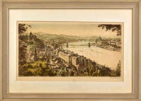 Zádor István (1882-1963): Budapesti látkép. Színezett rézkarc, papír, jelzett, üvegezett fa keretben, kissé sérült, apró foltokkal, 24,5x48,5 cm