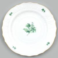 Herendi zöld virágmintás süteményes készlet, tálca + 6 db tányér. Kézzel festett, jelzett (tanuló), ...