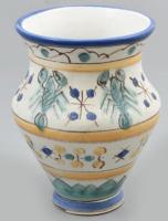 Gorka Iparművészeti Vállalatos váza. Mázas kerámia, kézzel festett, alján hiányos zsűri címkével, minimális kopással, m: 16 cm