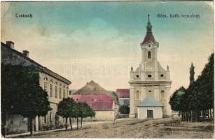 1918 Csetnek, Stítnik; Római katolikus templom. Feldmann Janka kiadása / church + PELSŐC-NAGYMAROS 460 vasúti mozgóposta (Rb)