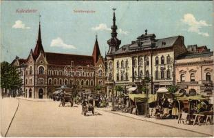 1914 Kolozsvár, Cluj; Széchenyi tér, piac, Bécsi élet és járadék biztosító, Wertheimer Vilmos, Gergely J. húsáruháza, Vlad János, Singer és Társa varrógépek üzlete, Modes Robes női divatterem / market, insurance company, shops, butcher (EK)