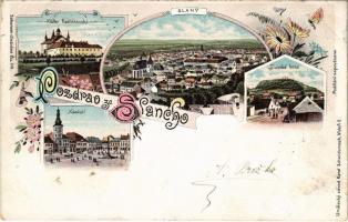 1898 (Vorläufer) Slany, Schlan; Slanská hora, Námestí, Kláster frantiskánsky / square, monastery. Karel Schwidernoch Art Nouveau, floral, litho