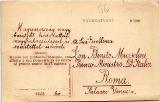 Mussolini ajándéka Magyarországnak. Tolnai Világlapja rézkarc kivitelű levelezőlapja / Mussolini...