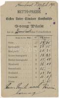 1876 (Vorläufer!!!) Brassó, Kronstadt, Brasov; Netto Preise der Ersten Unter-Tömöser Kunstmühle des Georg Türk / Georg Türk Első Alsótömösi Műmalom árjegyzéke. Nagyon korai reklám! / price list of the first mill of Timisu de Jos, very early advertisement (EM)