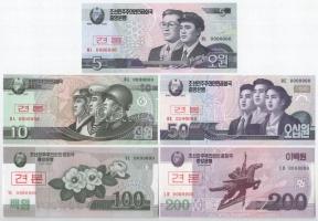 Észak-Korea 2002-2008. 5W-5000W (9xklf) MINTA felülnyomással és 0000000-ás sorszámmal T:I North Korea 2002-2008. 5 Won - 5000 Won (9xdiff) with SPECIMEN overprint and 0000000 serial C:UNC