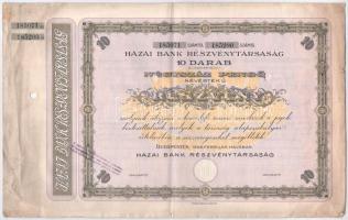 Budapest 1926. Hazai Bank Részvénytársaság 10 darab 400P értékű részvénye szárazpecséttel, szelvényekkel, bélyegzéssel, lyukasztásokkal érvénytelenítve T:II-