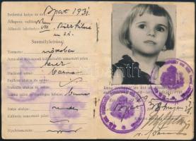 1938 Arcképes személyi igazoló jegy kislány részére