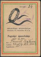 1947 Nemzeti Segély Országos Központja tagsági igazolvány
