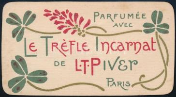 1907 Parfumée avec Le Trefle Incarnat de LT Piver Paris, szecessziós, francia parfüm reklámos kártyanaptár, 8,5x4,5 cm / Art Nouveau French perfume advertisement calendar card, 8.5x4.5