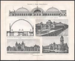 cca 1890-1900 9 db építészet témájú nyomat és metszet a Pallas Nagy Lexikonából és a Meyers Lexikonából, helyenként kissé foltos, 20x26 cm körüli méretben