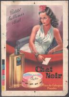 Üdító, kellemes illat, Chat Noir kölni, Art deco plakát- / reklám terv, próbanyomat, 1930 körül. Ofszetnyomat, kollázs, papír. Jelzés nélkül, hajtva, kisebb lapszéli foltokkal, szakadásokkal, egy helyen ragasztott, 36,5x25,5 cm