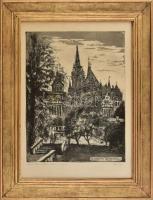 Élesdy István (1912-1987): Halászbástya - Mátyás templom. Rézkarc, papír, jelzett, számozott (33/100). Dekoratív, üvegezett fakeretben. 42x33,5 cm
