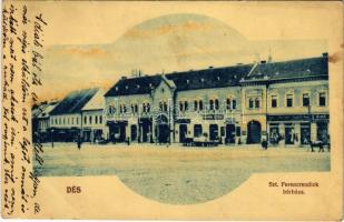 1912 Dés, Dej; Szent Ferenc-rendiek bérháza, Népbank, üzletek. Gálócsi Samu kiadása / street view, bank, shops (EB)