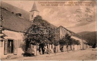 1911 Szászkabánya, Németszászka, Sasca Montana; Római katolikus templom utca részlettel, Karl Fischer üzlete / street view, church, shop (EK)