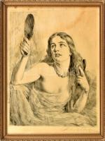 Prihoda István (1891-1965): Lány tükörrel. Rézkarc, papír, jelzett, foltos. Üvegezett fakeretben. 34x27,5 cm