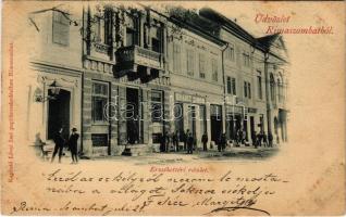 1899 (Vorläufer) Rimaszombat, Rimavská Sobota; Erzsébet tér, gyógyszertár, Krausz Simon, Lévai Izsó üzlete és saját kiadása / square, pharmacy, publishers shop (vágott / cut)