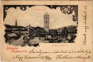1899 (Vorläufer) Rozsnyó, Roznava; Rákóczi tér, piac, őrtorony. Falvi Jenő kiadása / square, market, watchtower. Art Nouveau (vágott / cut)