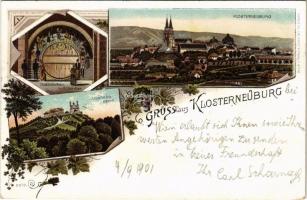 1901 Klosterneuburg, Fasslrutschen im Stiftskeller, Leopoldsberg. Druck u. Verlag v. Louis Glaser. Art Nouveau, floral, litho (EK)