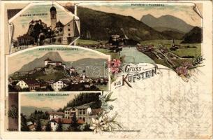 1898 (Vorläufer) Kufstein (Tirol), Schloss Geroldseck, Kufstein v. Kalvarienberg, v. Thierberg, Bad Kienbergklamm. Kunstanstalt Lautz & Isenbeck No. 2344. Art Nouveau, floral, litho (EB)