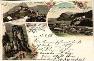 1898 (Vorläufer) Kufstein (Tirol), Kufstein v. Kalvarienberg, v. Zeller Berg, Teufelskanzel / general view with railway station. Kunstanstalt Lautz & Isenbeck No. 2343. Art Nouveau, floral, litho (cut)
