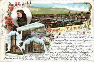1897 (Vorläufer!) Linz, Totalansicht, Linzer Bäuerin, Franz Josef Platz, Franz Josef Warte, Das Neue Museum. Kretzschmar & Schatz. Art Nouveau, floral, litho (EK)