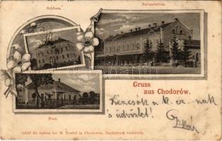 1900 Khodoriv, Chodorów; Schloss, Bahnstation, Post / castle, railway station, post office. Verlag M. Nestel. Art Nouveau, floral (fl)
