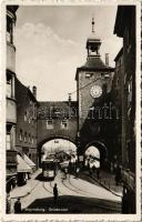 1931 Regensburg, Brückentor / street view, bridge gate, tram (EK)