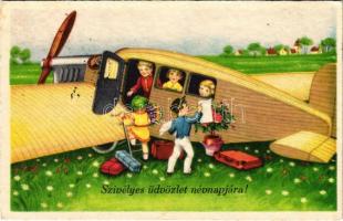 1940 Szívélyes üdvözlet névnapjára! / Name Day greeting art postcard with airplane (EK)