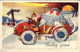 Boldog Újévet! / New Year greeting art postcard with automobile (EK)