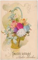 1900 Húsvéti üdvözlet / Easter greeting art postcard with silk eggs and flowers. Art Nouveau, floral, litho (EK)