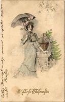 1905 Fröhliche Weihnachten / Christmas greeting art postcard with lady (b)