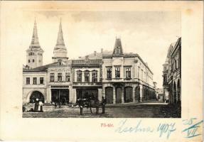 1907 Zsolna, Sillein, Zilina; Fő tér, Melczer Antal, Spanyol Gábor üzlete, szálloda. Biel L. kiadása / main square, shops, hotel (ragasztónyom / gluemark)