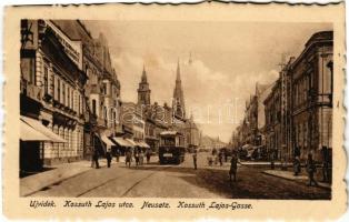 Újvidék, Novi Sad; Kossuth Lajos utca, villamos, bútorház üzlet / street, tram, shops