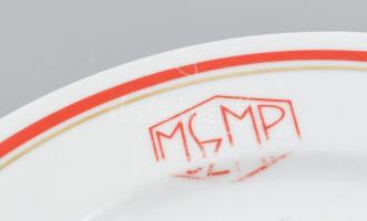 Zsolnay MSZMP feliratos két tányér d: 19 cm, + csésze. Kézzel festett, jelzett, kopott