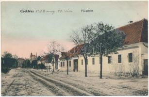 1908 Cseklész, Ceklís, Bernolákovo; Fő utca, Népiskola, Kávéház / main street, school, cafe