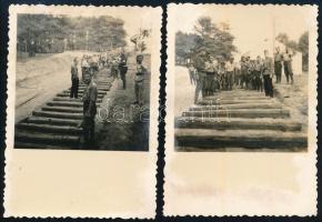 cca 1930-1940 Vasúti építkezés a Horthy-korszakban, katonákkal, 2 db pecséttel jelzett fotó (Libál optika-foto Kispest), 8,5x6 cm