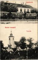 1907 Isaszeg, vasútállomás, vonat, templom. Haas Géza kiadása + KIRÁLYHÁZA - MISKOLCZ - BUDAPEST 350 C vasúti mzogóposta bélyegző (EK)