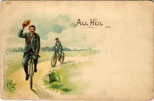 All Heil aus... / Kerékpáros urak / Men on bicycles. Kunstanstalt J. Miesler litho (EK)