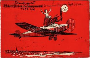 1932 Krampusz hölggyel repülőgépen / Krampus with lady on an aircraft. Erika (kis szakadás / small tear)