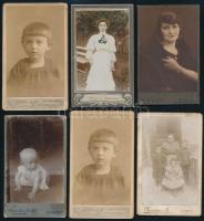 cca 1900-1920 Keményhátú fotó tétel, gyerekfotók, női portrék, felületi sérülésekkel, 6 db, közte két egyforma, 10,5×6,5 cm