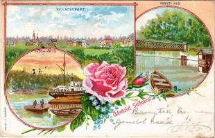 1899 (Vorläufer) Siófok, Villa csoport, Vasúti híd. Riegler rt. Art Nouveau, floral, litho (EK)