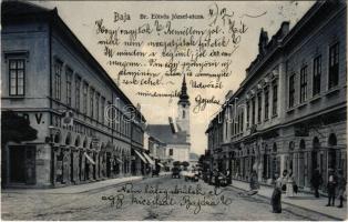 1903 Baja, Br. Eötvös József utca, Sternfeld Vilmos és Csermák Sándor üzlete, piaci árusok